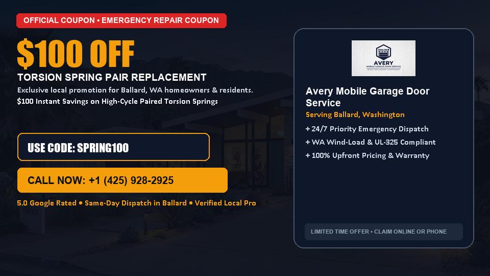 $100 OFF Dual High-Cycle Torsion Spring Replacement in Ballard, WA - Avery Mobile Garage Door Service