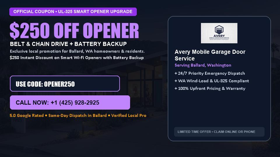 $250 OFF Smart Wi-Fi Garage Door Opener Installation in Ballard, WA - Avery Mobile Garage Door Service